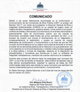 Comunicado de la Dra. Milagros Ortiz Bosch